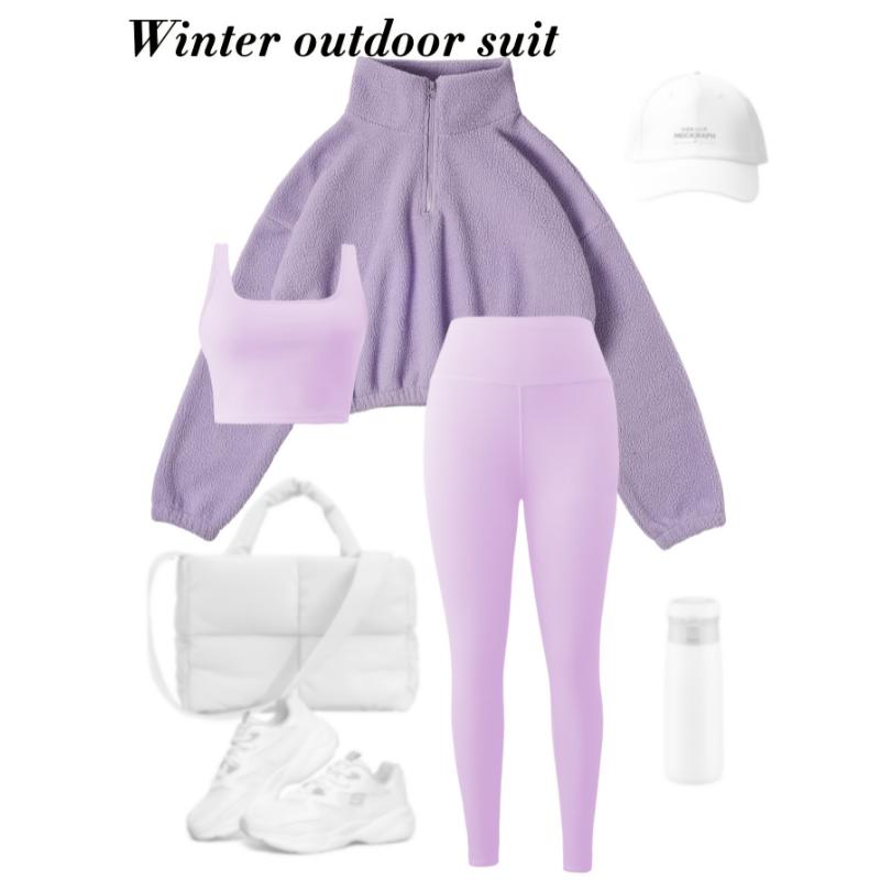 3-Piece Set Soft Knit High-Waisted Sports Outfit for Women, Half-Zip Plush Jacket, Fitness Set for Fall & Winter