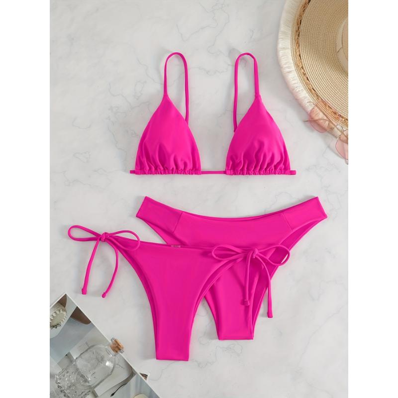 3-Pieces Two Style Bottom Triangle Bikini Sets, High Cut Solid Color Two Piece Swimsuit, Women's Swimwear & Clothing Women's swimsuit swimwear Swimsuit