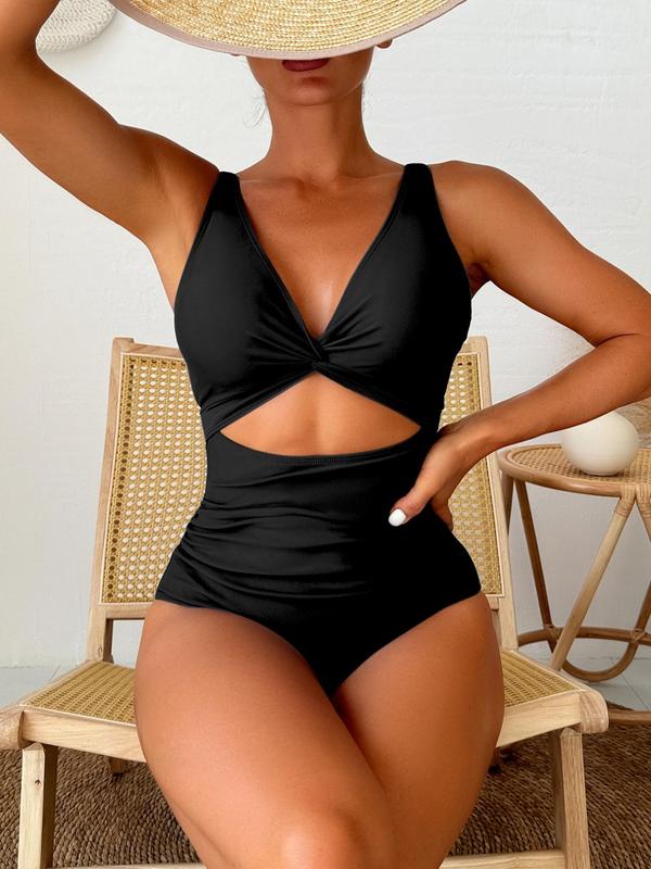 Women's Plain Cut Out Ruched Twist One-piece Swimsuit, Casual V Neck Sleeveless Swimwear for Beach Holiday Vacation, Ladies Swimsuit for All Seasons