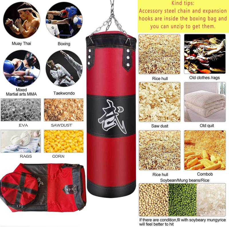 Hanging Punching Bag Set Unfilled, Heavy Boxing Bags Kickboxing Bag for Adults , Youth Boxing Set with Hand Wraps, Punching Bag Hangers, for MMA Muay Thai Karate Taekwondo