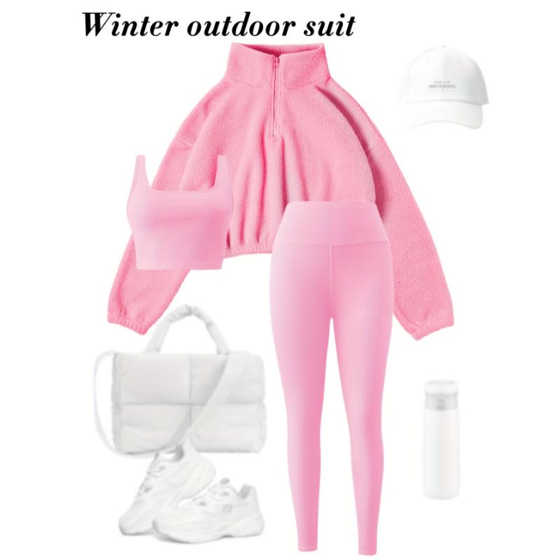 3-Piece Set Soft Knit High-Waisted Sports Outfit for Women, Half-Zip Plush Jacket, Fitness Set for Fall & Winter