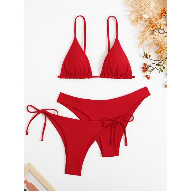 3-Pieces Two Style Bottom Triangle Bikini Sets, High Cut Solid Color Two Piece Swimsuit, Women's Swimwear & Clothing Women's swimsuit swimwear Swimsuit