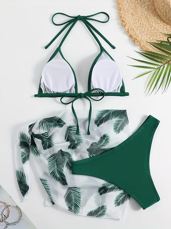 Women's Leaf Print Bikini Set, Casual Triangle Swim Top & High Cut Swim Bottom & Knot Beach Cover Up Skirt, Summer Clothes Women, Ladies Summer Swimwear