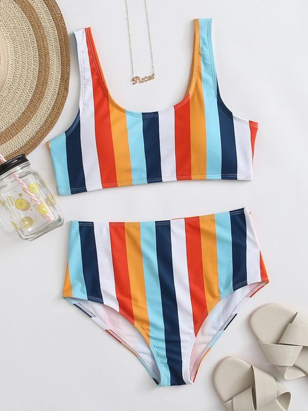 Two-Piece Set Women's Striped Print Bikinis Set, Casual Scoop Neck Swim Bra & High Waist Swim Panty, Summer Swimwear for Women