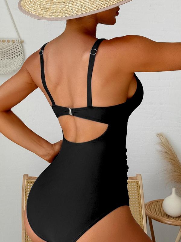 Women's Plain Cut Out Ruched Twist One-piece Swimsuit, Casual V Neck Sleeveless Swimwear for Beach Holiday Vacation, Ladies Swimsuit for All Seasons