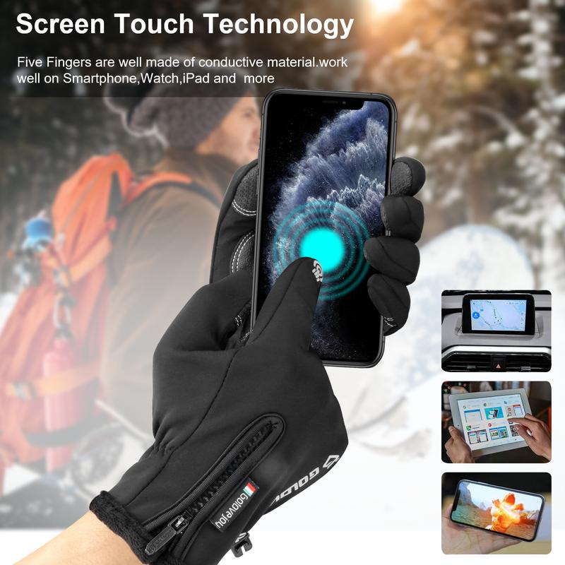 1 Pair of Warm Waterproof Windproof Gloves with Touch Screen Fingers and Fleece Zipper Cover for Motorcycle and Skiing