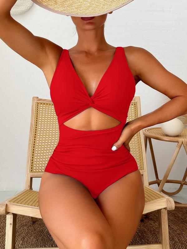 Women's Plain Cut Out Ruched Twist One-piece Swimsuit, Casual V Neck Sleeveless Swimwear for Beach Holiday Vacation, Ladies Swimsuit for All Seasons