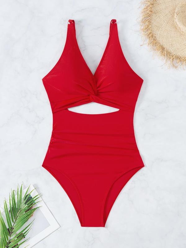 Women's Plain Cut Out Ruched Twist One-piece Swimsuit, Casual V Neck Sleeveless Swimwear for Beach Holiday Vacation, Ladies Swimsuit for All Seasons