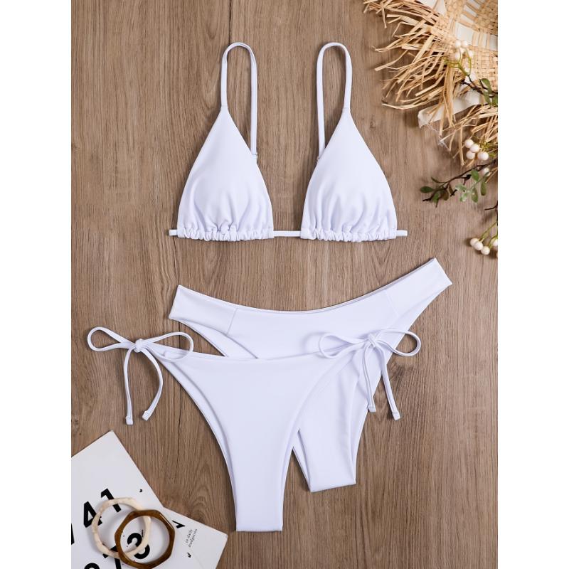 3-Pieces Two Style Bottom Triangle Bikini Sets, High Cut Solid Color Two Piece Swimsuit, Women's Swimwear & Clothing Women's swimsuit swimwear Swimsuit