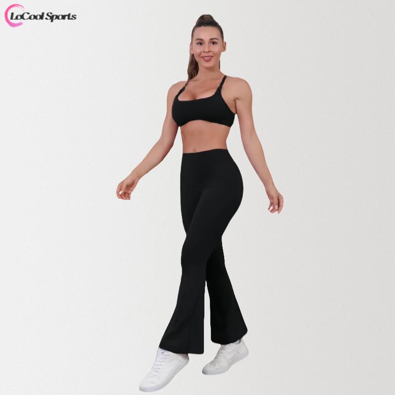 2-Piece High-Waisted Flare Leggings and Cross-Back Sports Bra Set for Women - High Elasticity, Tummy Control, Peach-Lift Design, Perfect for Yoga, Pilates, and Gym