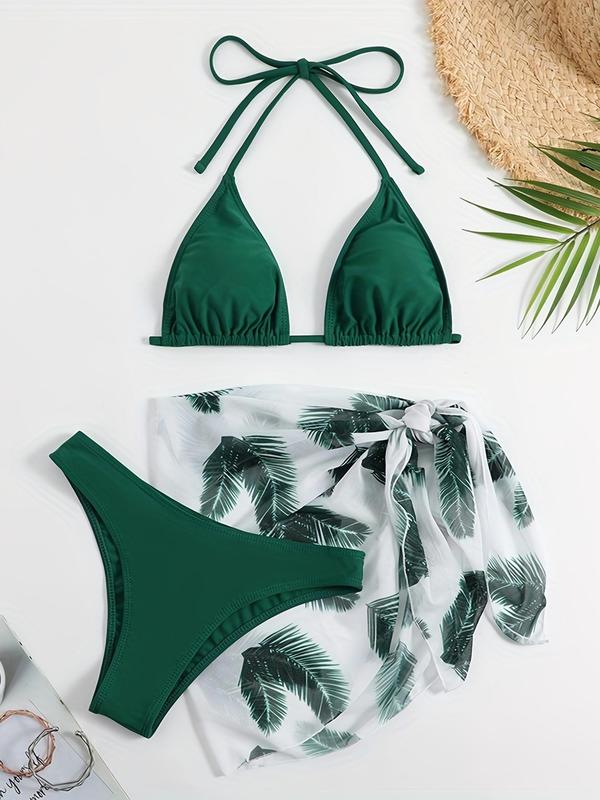 Women's Leaf Print Bikini Set, Casual Triangle Swim Top & High Cut Swim Bottom & Knot Beach Cover Up Skirt, Summer Clothes Women, Ladies Summer Swimwear