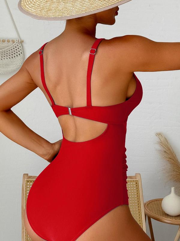 Women's Plain Cut Out Ruched Twist One-piece Swimsuit, Casual V Neck Sleeveless Swimwear for Beach Holiday Vacation, Ladies Swimsuit for All Seasons