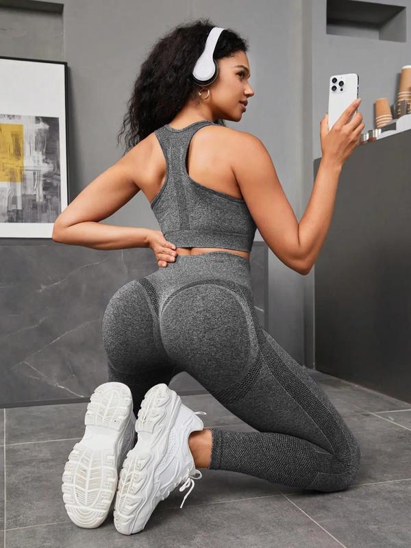 Two-Piece Set Women's Patchwork Print Crop Sports Vest & Ruched High Waist Leggings Tracksuit Set, U Neck Sleeveless Crop Top & Skinny Pants Two-piece Outfits for Gym Workout Running, Ladies Sportswear for All Seasons