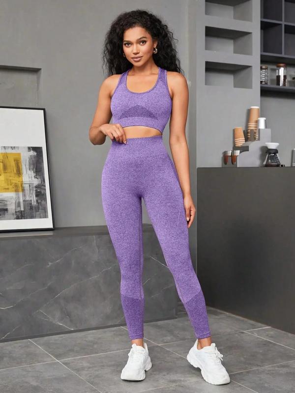 Two-Piece Set Women's Patchwork Print Crop Sports Vest & Ruched High Waist Leggings Tracksuit Set, U Neck Sleeveless Crop Top & Skinny Pants Two-piece Outfits for Gym Workout Running, Ladies Sportswear for All Seasons