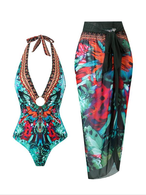 Women's Butterfly Print Halter One-Piece Swimsuit &  Cover Up Skirt Set, Sleeveless Tie Back Swimsuit & Cover Up Skirt, Ladies Swimsuit for Beach Holiday Vacation