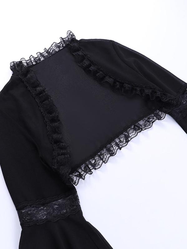 Women's Contrast Lace Sheer Flounce Sleeve Crop Cover Up Top, Gothic Punk Style Long Sleeve Open Front Cover Up for Daily Wear, Ladies Clothes for All Seasons