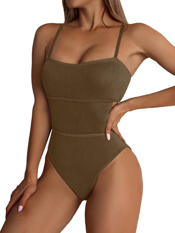 Women's Plain Cut Out One Piece Swimsuit, Summer Clothes Women Casual Comfy Tummy Control Sleeveless High Waist Swimwear for Beach Holiday, Women's Swimwear for Summer