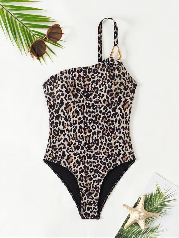 Women's Leopard Print One Shoulder Chain Detail One-piece Swimsuit, Asymmetrical Neck Adjustable Strap Swimwear, Ladies Swimsuit for Beach Holiday Vacation