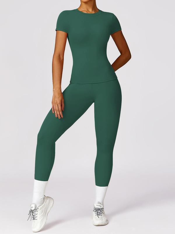 Women's Solid Round Neck Tee & High Waist Leggings Tracksuit Set, Jogging Suit Set, Sporty Breathable Quick Drying Outfits for Yoga Gym Workout Running, Ladies Sportswear for All Seasons