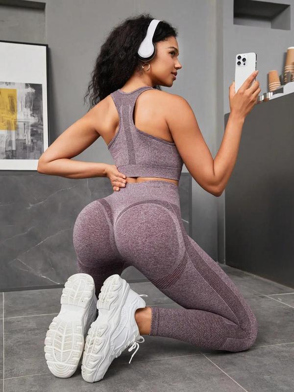 Two-Piece Set Women's Patchwork Print Crop Sports Vest & Ruched High Waist Leggings Tracksuit Set, U Neck Sleeveless Crop Top & Skinny Pants Two-piece Outfits for Gym Workout Running, Ladies Sportswear for All Seasons