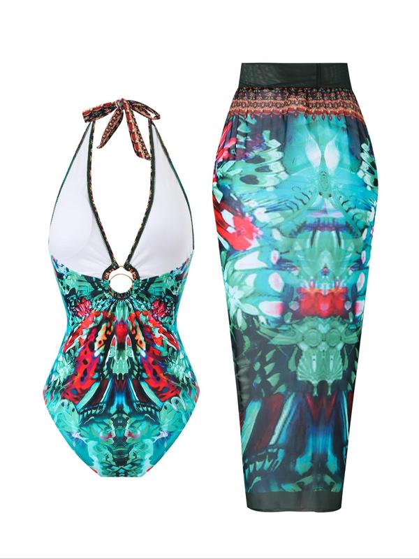 Women's Butterfly Print Halter One-Piece Swimsuit &  Cover Up Skirt Set, Sleeveless Tie Back Swimsuit & Cover Up Skirt, Ladies Swimsuit for Beach Holiday Vacation