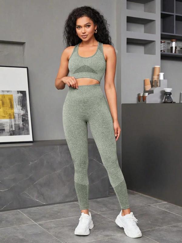 Two-Piece Set Women's Patchwork Print Crop Sports Vest & Ruched High Waist Leggings Tracksuit Set, U Neck Sleeveless Crop Top & Skinny Pants Two-piece Outfits for Gym Workout Running, Ladies Sportswear for All Seasons