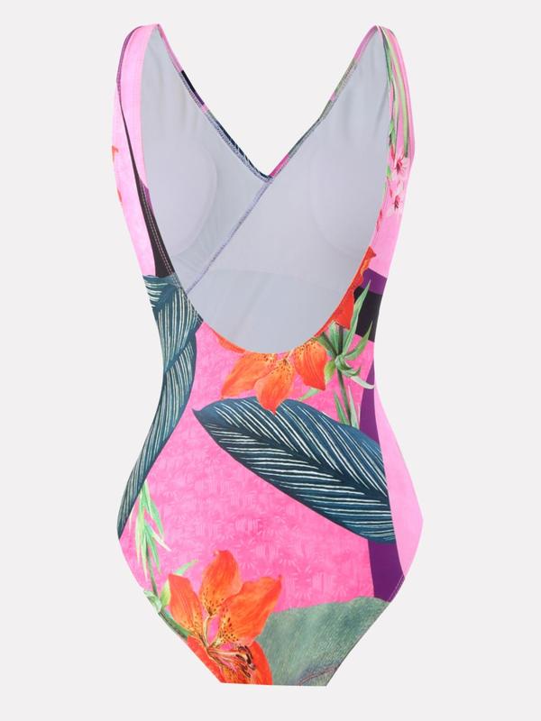 Two-Piece Set Women's Floral Print Ruched Swimsuit Set, Boho Wrap V Neck One-piece Swimsuit & Knot Front Cover Up Skirt, Ladies Swimwear for Beach Holiday Vacation