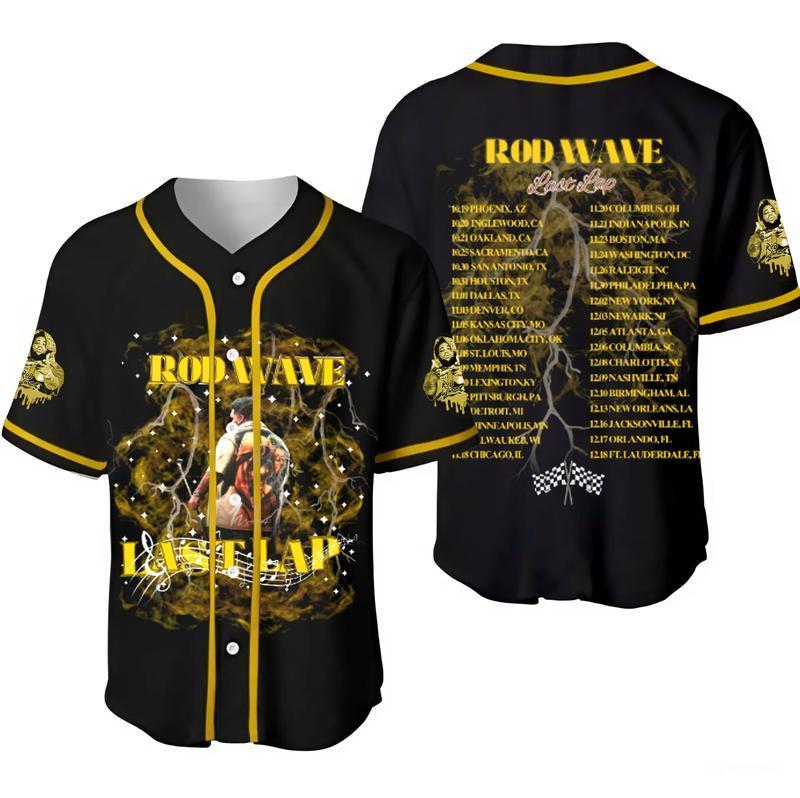 Rod Wave Last Lap Yellow Baseball Jersey, Rod Wave Nostalgia Tour Baseball Jersey, Rod Wave Album 2024 Music Note Pattern Jersey