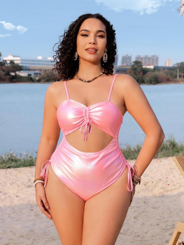 Plus Size Plain Drawstring Ruched Cut Out One-piece Swimsuit, Summer Outfits, Casual Adjustable Strap Sweetheart Neck Swimwear for Summer, Women's Swimsuit for Beach Holiday Vacation