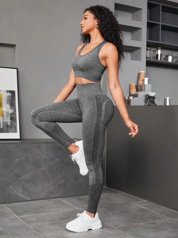 Two-Piece Set Women's Patchwork Print Crop Sports Vest & Ruched High Waist Leggings Tracksuit Set, U Neck Sleeveless Crop Top & Skinny Pants Two-piece Outfits for Gym Workout Running, Ladies Sportswear for All Seasons