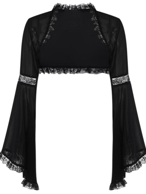 Women's Contrast Lace Sheer Flounce Sleeve Crop Cover Up Top, Gothic Punk Style Long Sleeve Open Front Cover Up for Daily Wear, Ladies Clothes for All Seasons