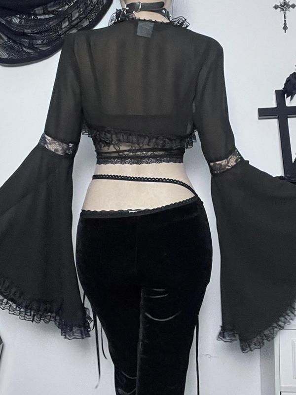 Women's Contrast Lace Sheer Flounce Sleeve Crop Cover Up Top, Gothic Punk Style Long Sleeve Open Front Cover Up for Daily Wear, Ladies Clothes for All Seasons