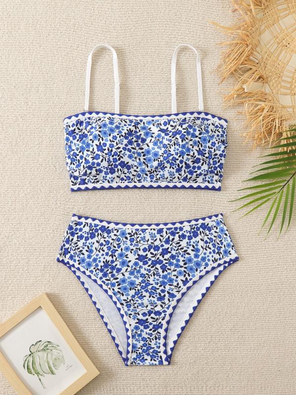 Two-Piece Set Women's Ditsy Floral Print Bikini Set, Adjustable Strap Swim Top & High Waist Swim Bottom, Two-piece Swimsuit for Beach Holiday Vacation