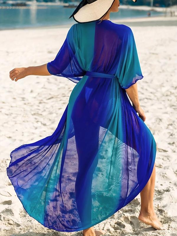  Ombre Print Belted Sheer Tulle Cover Up, Casual Batwing Sleeve Open Front Long Cover Up for Beach Holiday Vacation, Women's Swimwear for All Seasons