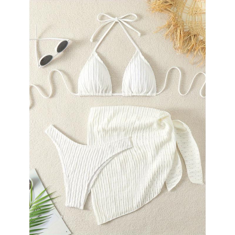 Plain Textured Fabric 3 Piece Set Bikini, Halter Neck Tie Back Backless High Cut With Cover Up Skirt Swimsuits, Women's Swimwear & Clothing