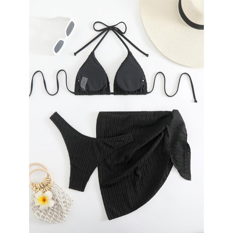 Plain Textured Fabric 3 Piece Set Bikini, Halter Neck Tie Back Backless High Cut With Cover Up Skirt Swimsuits, Women's Swimwear & Clothing