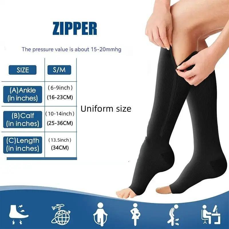 Zipper Compression Socks, 1 Pair Solid Color High Knee Compression Socks, Sports Socks for Running Jogging, Women's Socks & Hosiery