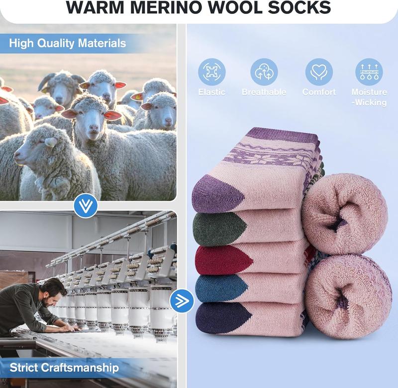 5 Pairs Merino  Socks for Women Winter Thick Warm Hiking Socks Women Thermal Crew Cushion Socks