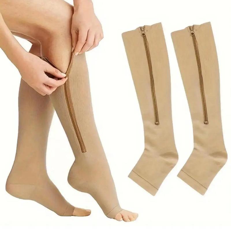 Zipper Compression Socks, 1 Pair Solid Color High Knee Compression Socks, Sports Socks for Running Jogging, Women's Socks & Hosiery