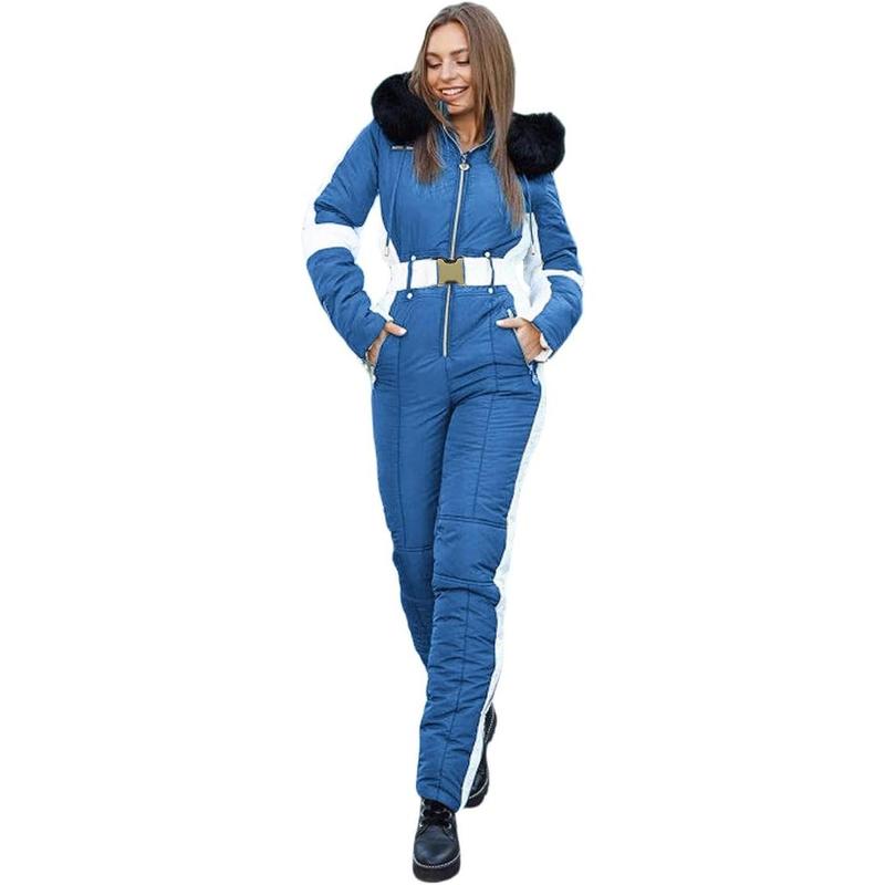 Fisoew Womens Winter Onesies Ski Jumpsuits Outdoor Sports Waterproof Snowsuit Removable Fur Collar Coat Jumpsuit NX2047