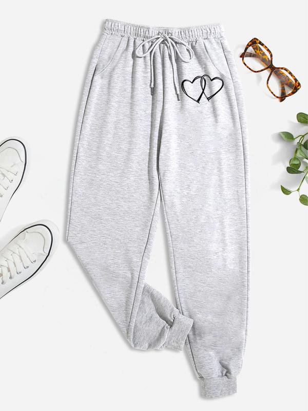 Women's Heart Print Drawstring Sweatpants, Casual Pocket Jogger Pants for Daily Gym Running Work Out, Ladies Bottoms for Spring & Summer & Fall