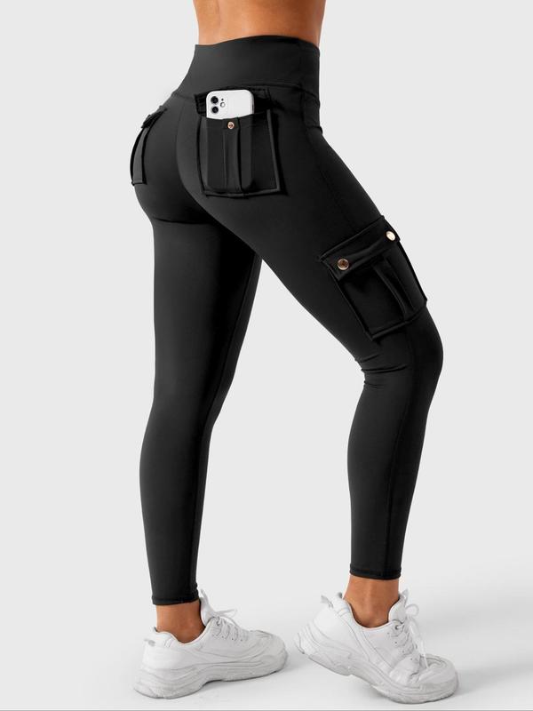 Women's Solid High Waist Button Pocket Sports Leggings, Sporty Comfy Breathable Skinny Pants for Yoga Gym Workout Running, Ladies Sportswear for All Seasons