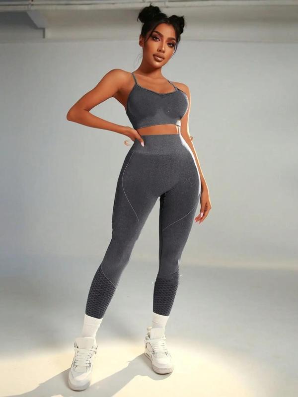 Two-Piece Set Women's Criss Cross Backless Crop Cami Top & Ruched High Waist Leggings Tracksuit Set, Solid Sleeveless Spaghetti Strap Crop Top & Skinny Pants, Ladies Sportswear for Yoga Gym Workout