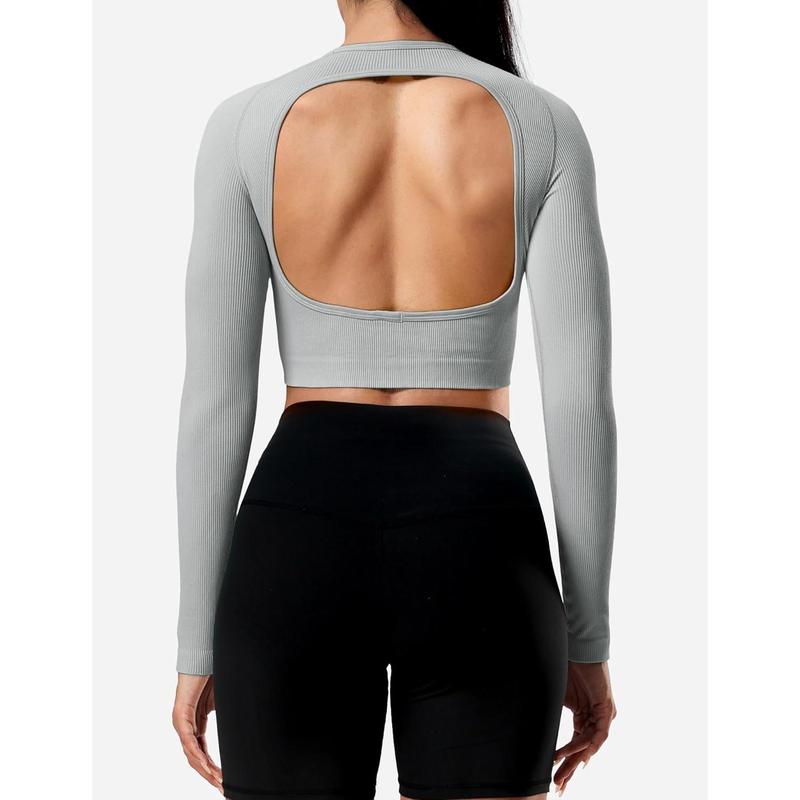 Janelle Ribbed Open Back Top Womens Activewear T-Shirts Workout Yoga Gym Shirts Long Sleeve Tank