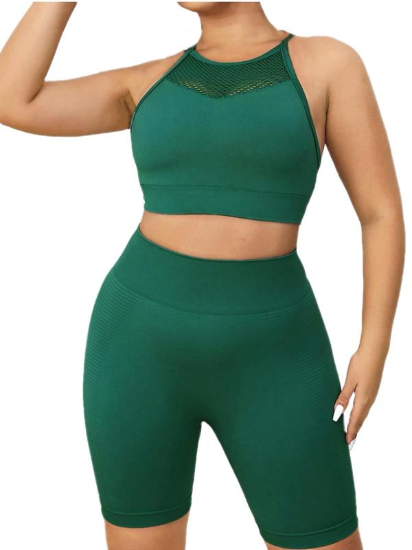 Plus 2pcs Solid Hollow Out Crop Sports Tank Top & Leggings Tracksuit Set, Round Neck Crop Top & Skinny Shorts, Sportswear Set