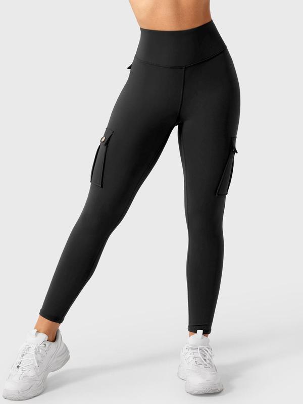 Women's Solid High Waist Button Pocket Sports Leggings, Sporty Comfy Breathable Skinny Pants for Yoga Gym Workout Running, Ladies Sportswear for All Seasons