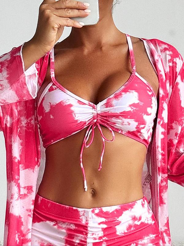 Women's Tie Dye Print Ruched Bikini Swimsuit Set, Casual Long Sleeve Open Front Cover Up & High Waist Swim Shorts & Drawstring Swim Top, Fashion Women's Summer Swimwear