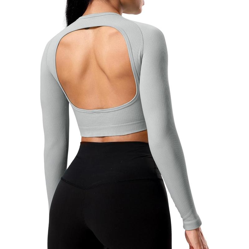 Janelle Ribbed Open Back Top Womens Activewear T-Shirts Workout Yoga Gym Shirts Long Sleeve Tank