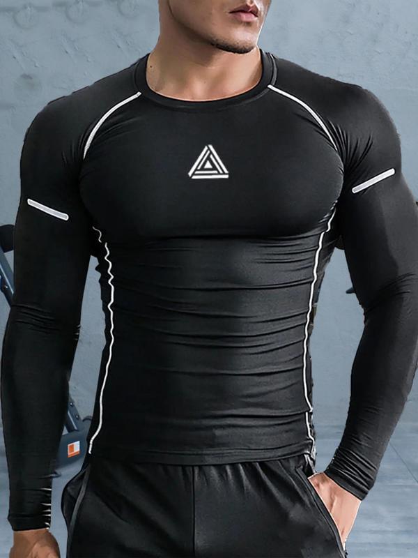 Men's Geometric Round Neck Raglan Sleeve Sports Tee, Regular Fit Long Sleeve Crew Neck T-Shirt For Gym Workout Running, Sport & Outdoor Clothing