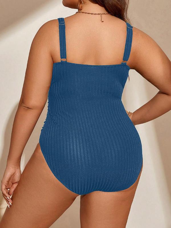  Sexy Ruched Notched Neck One-piece Swimsuit, 2024 Fashionable Summer New Solid Sleeveless Ribbed Swimwear, Women's One Piece Swimsuit for Beach Holiday Vacation, Bathing Suits for Women Summer Tummy Control Swimwear Curve